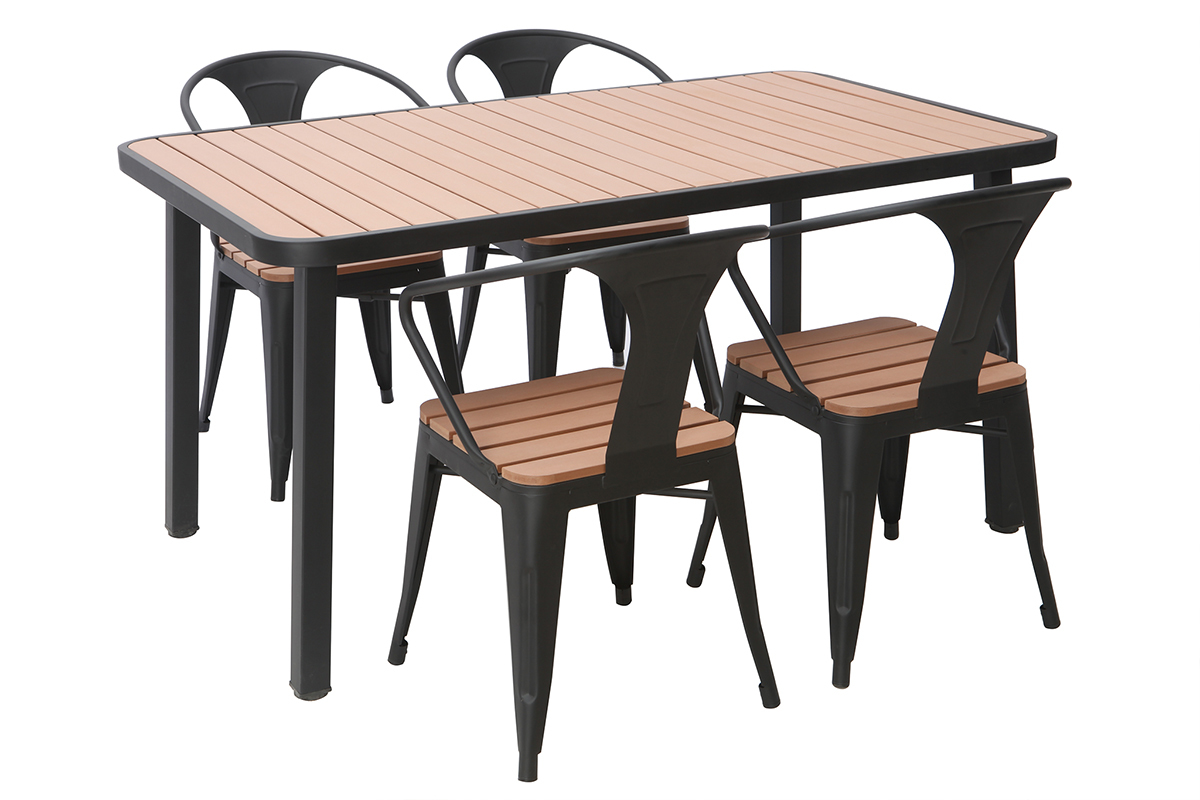 Outdoor-Esszimmer mit Tisch und 4 Sthlen aus Holz und schwarzem Metall BERLINER