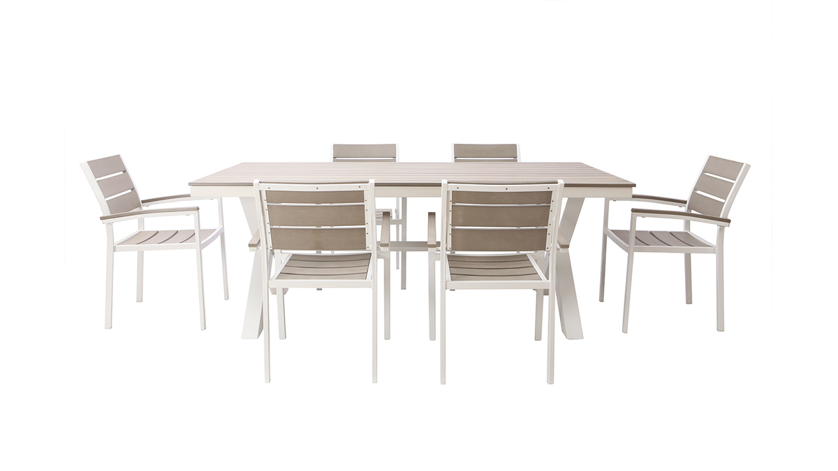 Outdoor-Esszimmer mit Tisch und 6 Sthlen aus weiem Metall und grauem Holz VIAGGIO