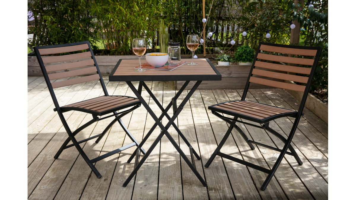 Outdoor-Esszimmer zusammenklappbar mit Tisch und 2 Sthlen Schwarz und Holz MOJITO