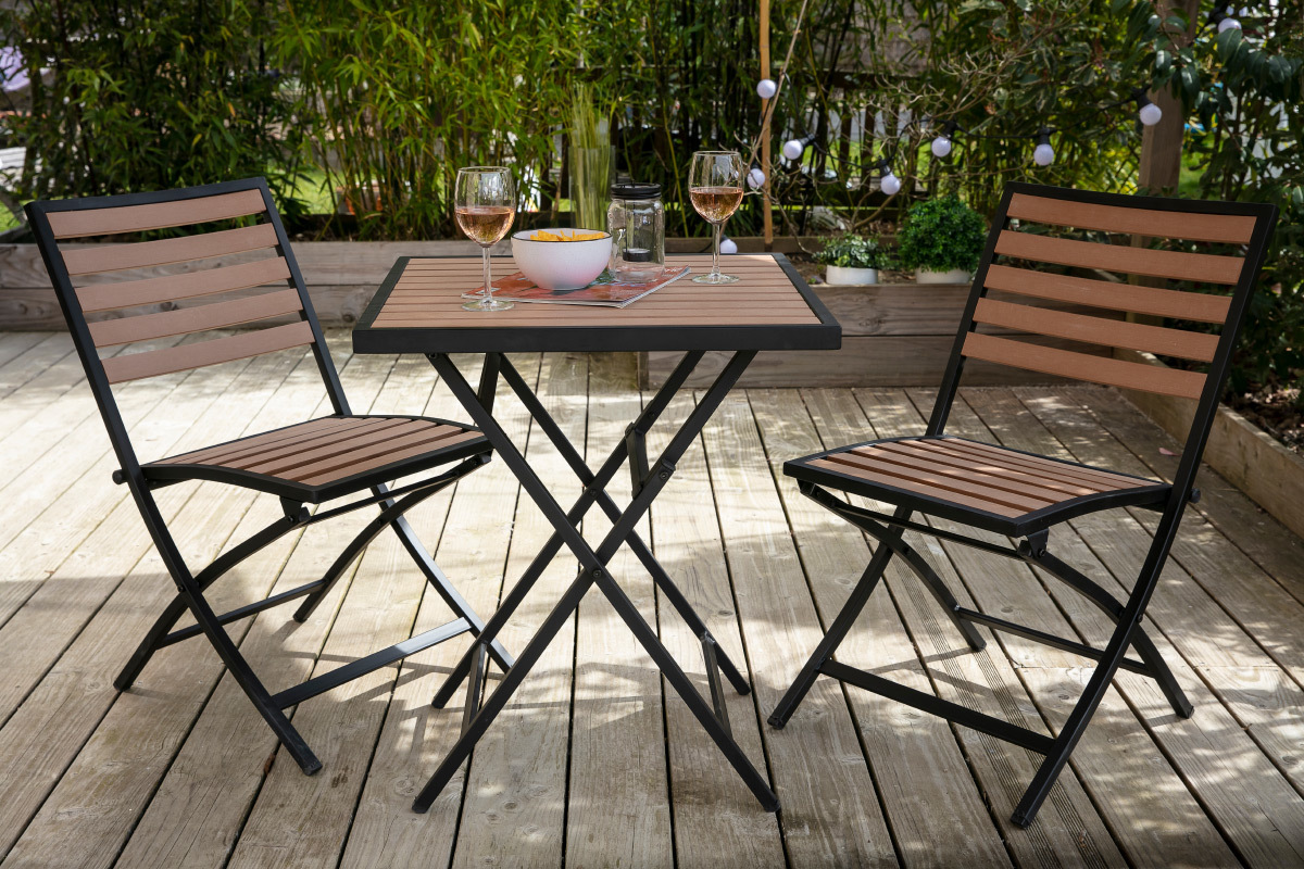Outdoor-Esszimmer zusammenklappbar mit Tisch und 2 Sthlen Schwarz und Holz MOJITO