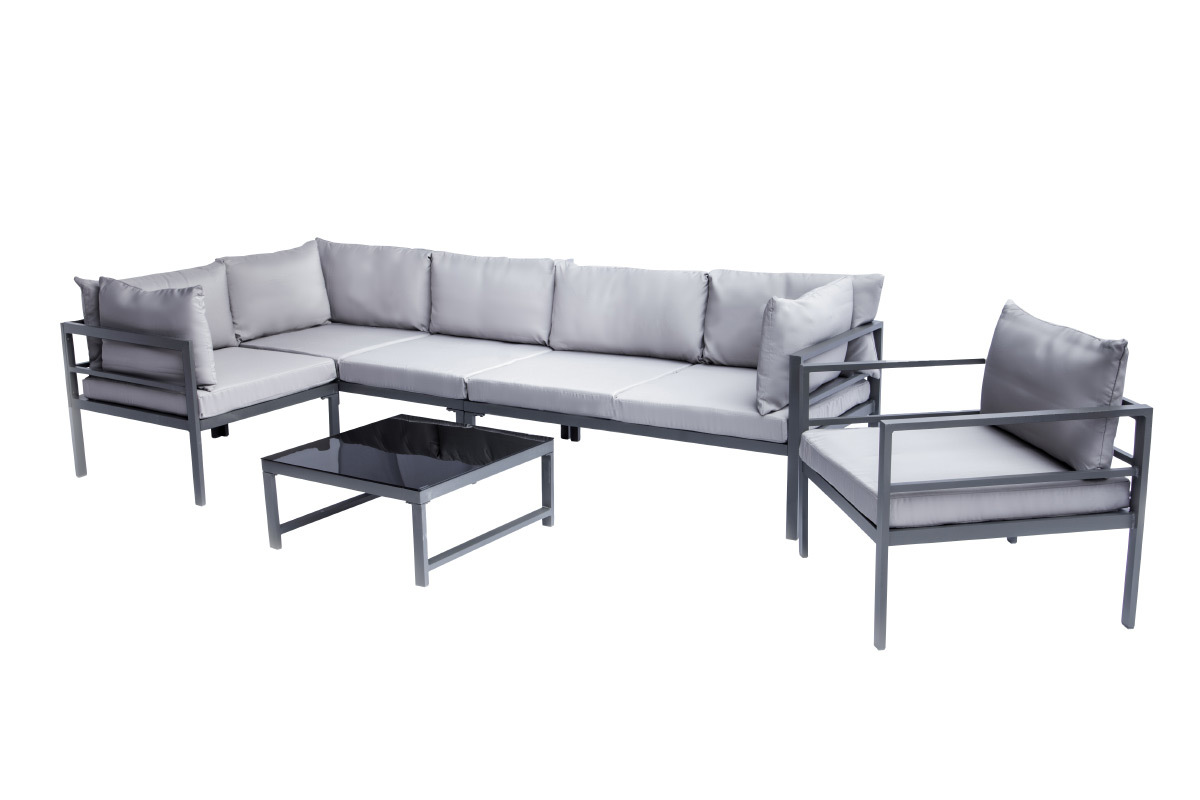 Outdoor-Wohnzimmer aus Metall mit Tisch, Ecksofa und Sessel SALENTO