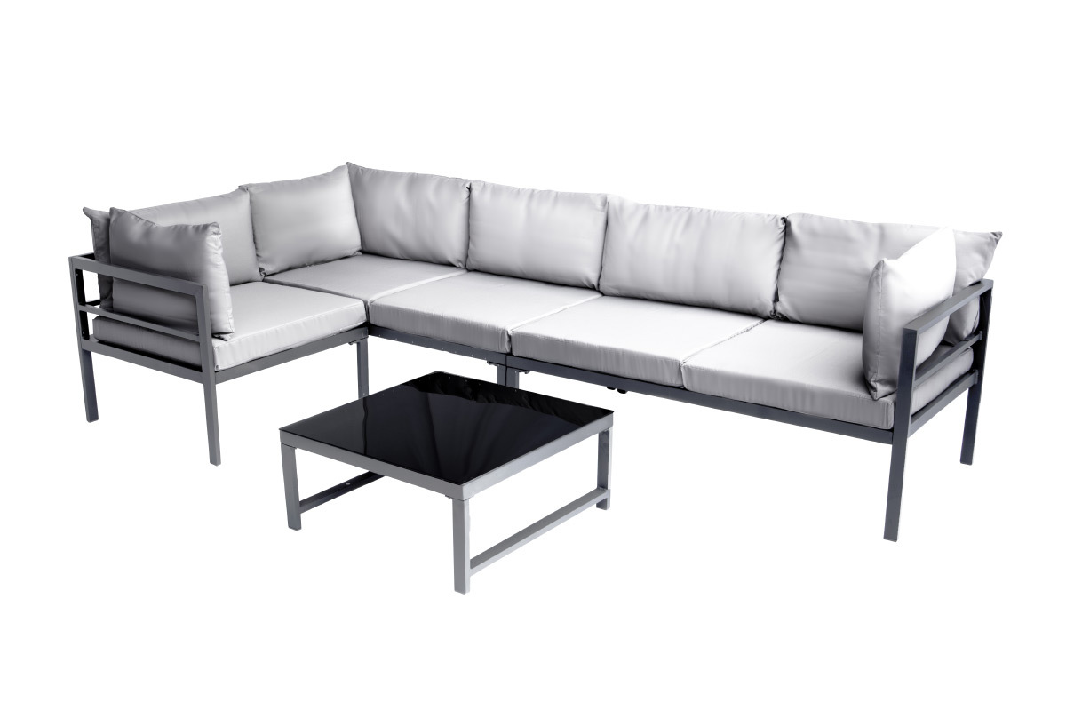 Outdoor-Wohnzimmer aus Metall mit Tisch, Ecksofa und Sessel SALENTO