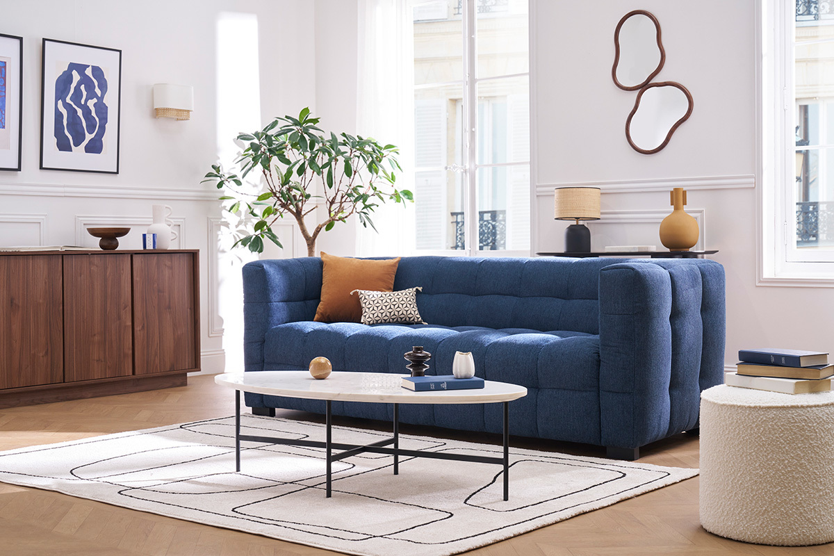 Ovale Couchtisch aus weiem Marmor und schwarzem Metall L115 cm CARRARE