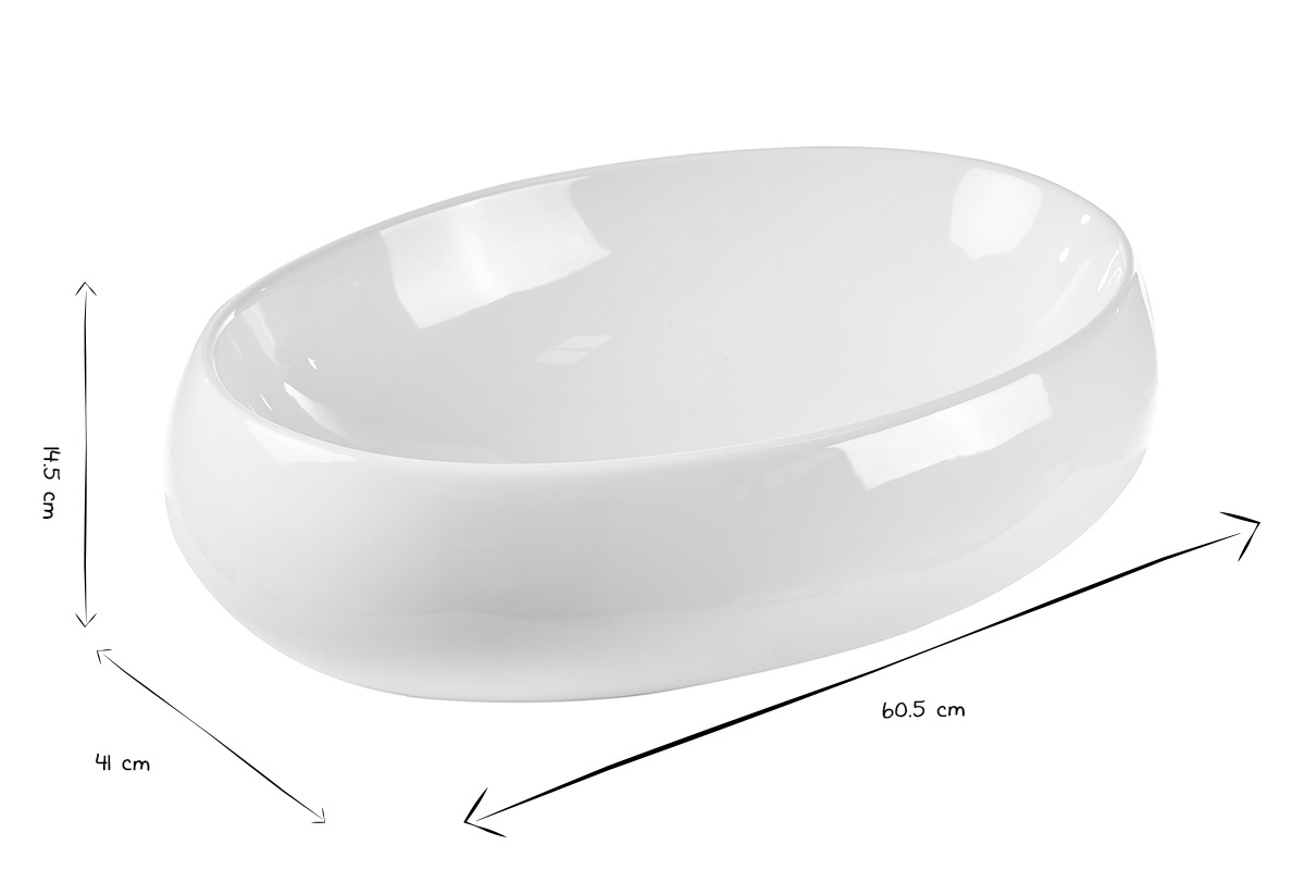 Ovale Keramik-Waschtisch in Wei� mit den Ma�en: L60,5 cm, H14,5 cm, T41 cm in Schwarz und Wei�.