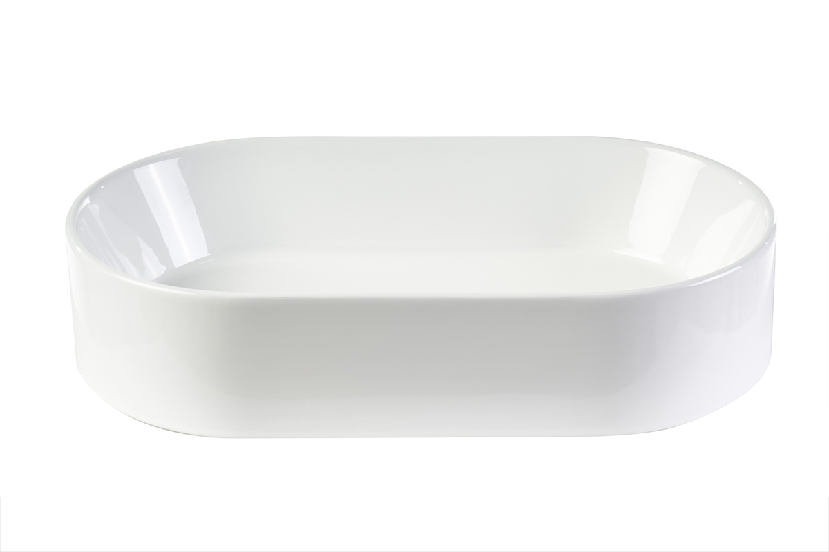 Ovale Keramikwaschbecken aus wei�er Keramik L52,5 cm YARA, Frontansicht, gl�nzende Oberfl�che.