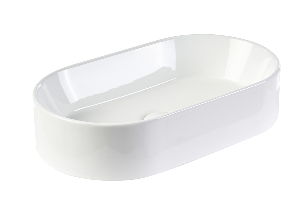 Ovale Waschbecken aus wei�er Keramik, L52,5 cm, 3/4-Ansicht, gl�nzende Oberfl�che.
