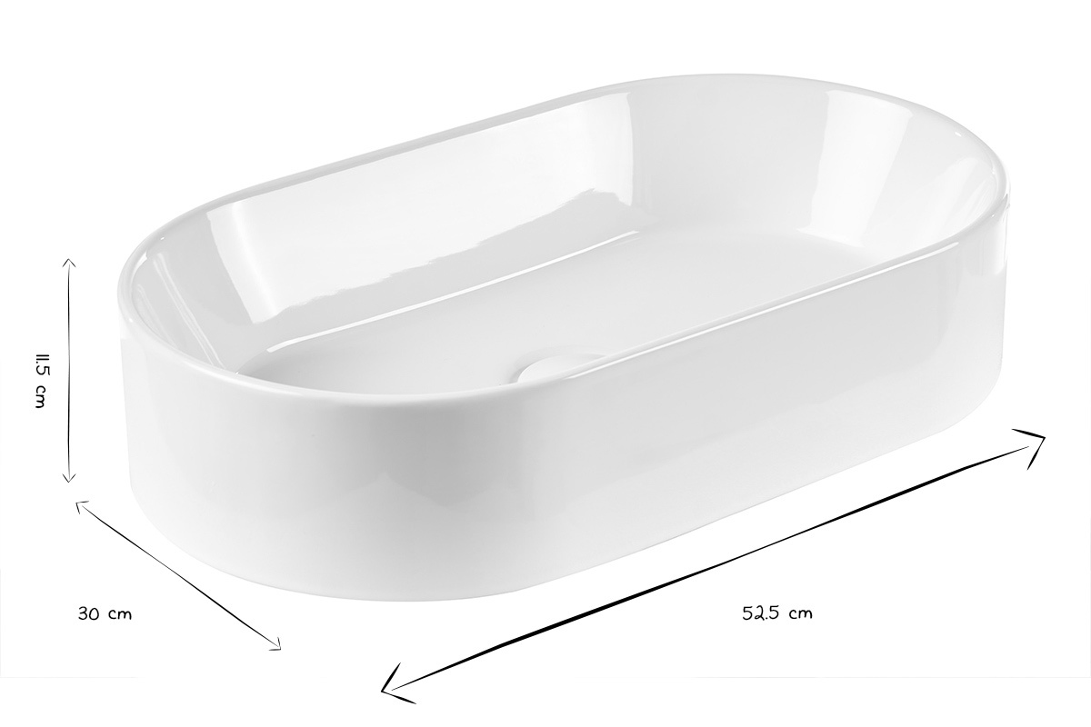 Ovales Keramikwaschbecken in Wei� mit Abmessungen in Schwarz und Wei�: L52,5 cm, T30 cm, H11,5 cm.