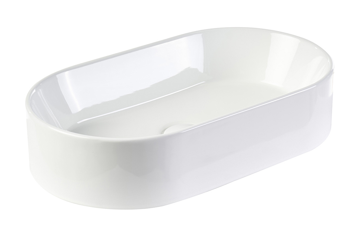 Ovale Keramik-Waschbecken in Wei�, 3/4-Ansicht, Ma�e L52,5 cm, minimalistisches Design.