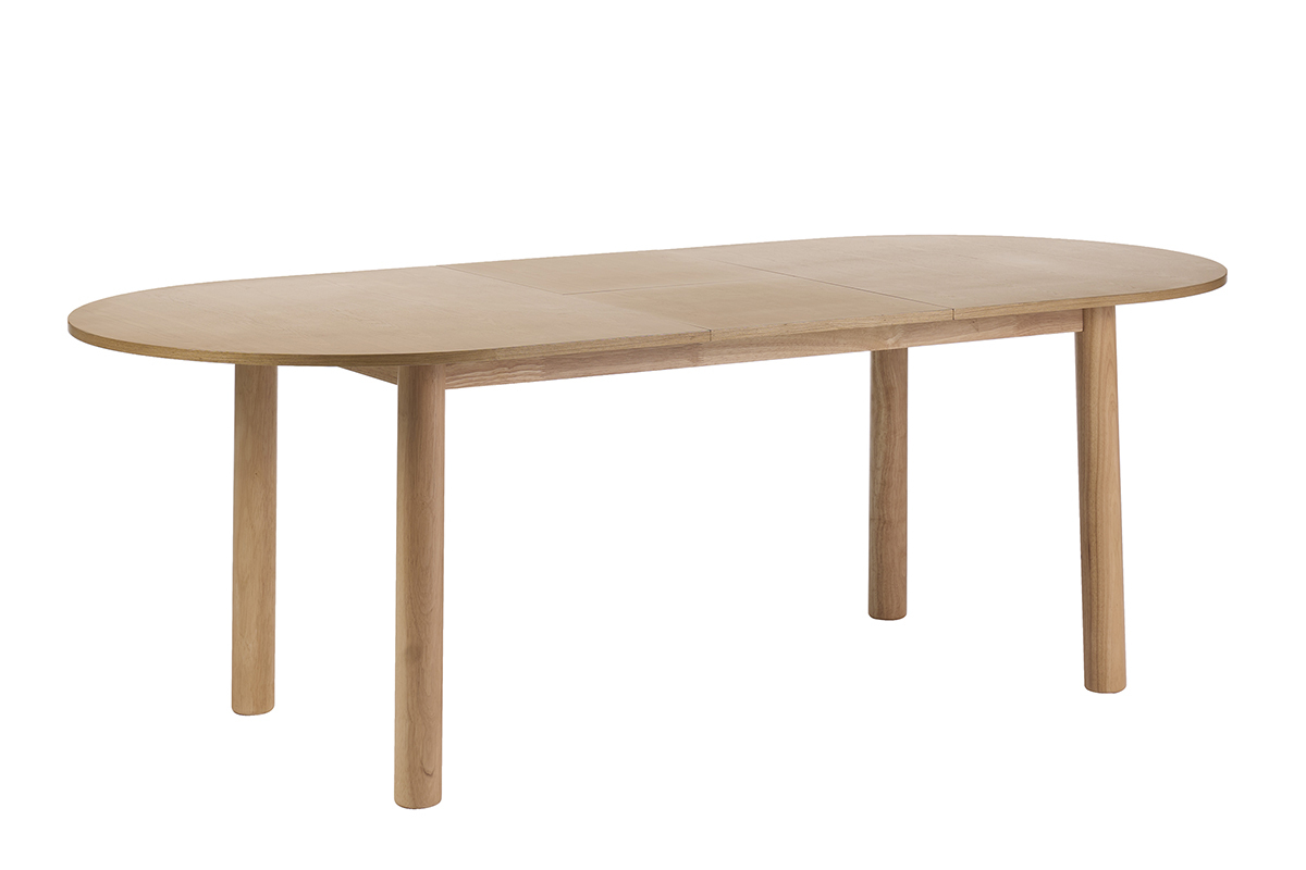 Ausziehbarer ovaler Esstisch aus hellem Holz, 3/4-Ansicht.