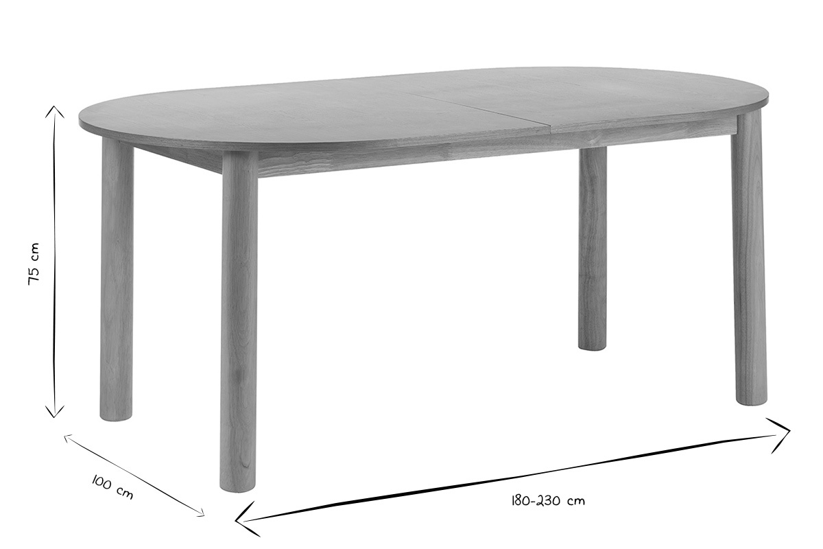 Abmessungen des ausziehbaren ovalen Esstischs aus hellem Eschenholz: L180-230 cm, T100 cm, H75 cm, in Schwarz und Wei�.
