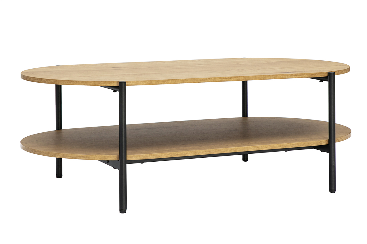 Niedriger ovaler Tisch aus hellem Holz und schwarzem Metall, Ansicht von 3/4.