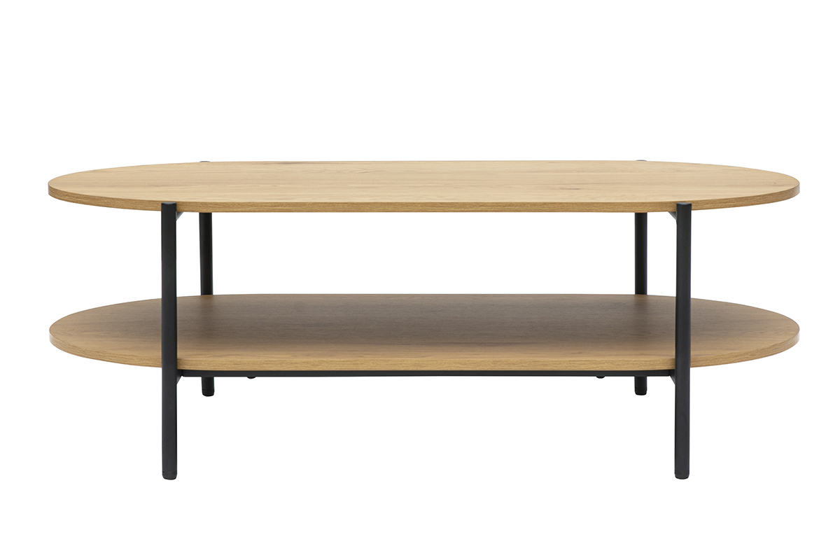 Ovaler Couchtisch aus hellem Holz und schwarzem Metall, Frontansicht, mit doppeltem Eichenholzboden.