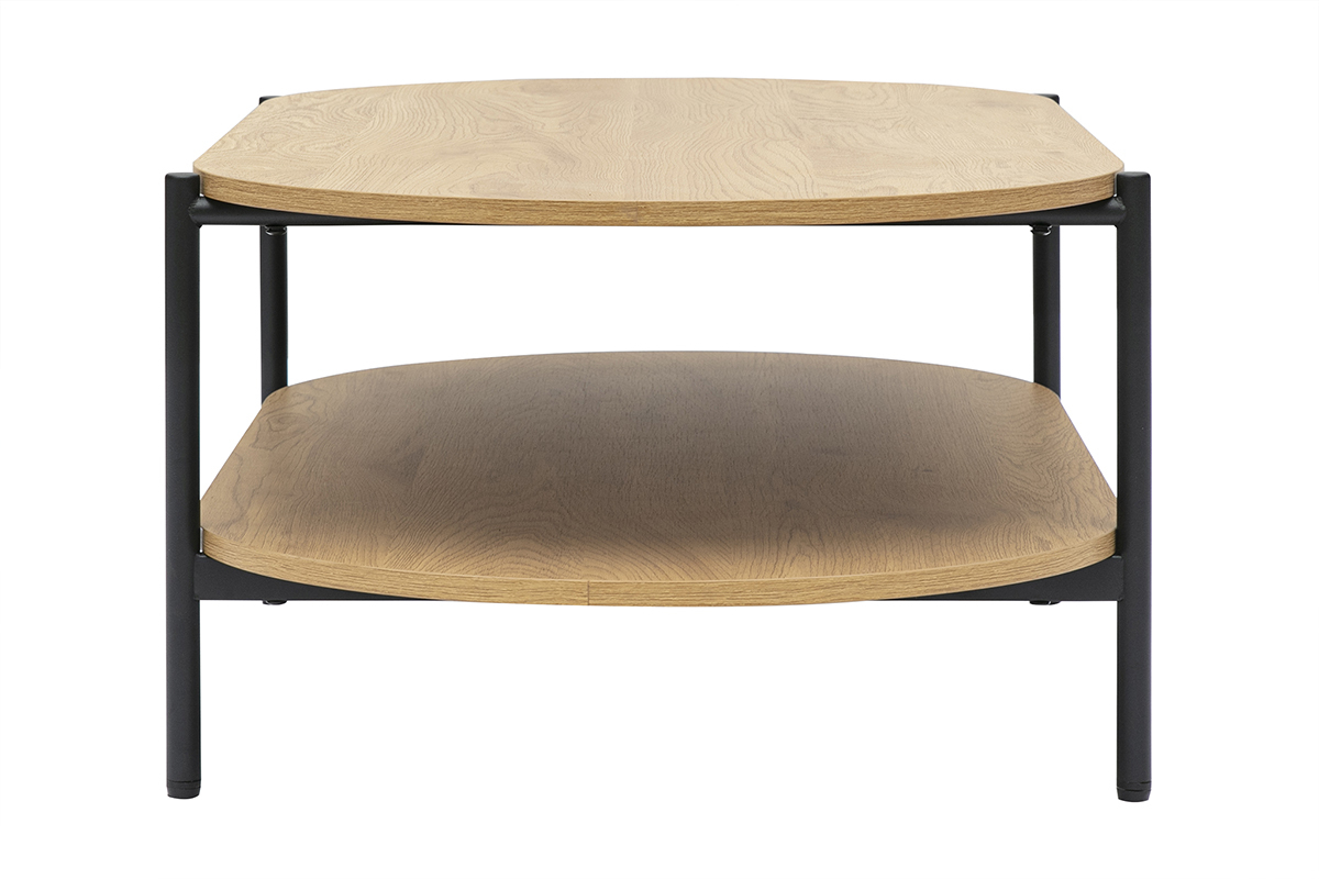 Ovaler Couchtisch aus hellem Holz und Metall mit Doppelplatte, Seitenansicht.