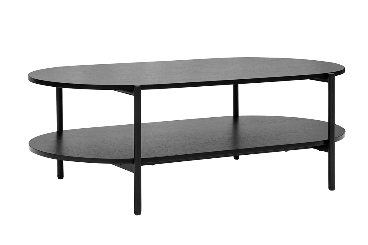 Ovaler schwarzer Couchtisch aus Holz und Metall mit Doppelablage, Ansicht von 3/4.