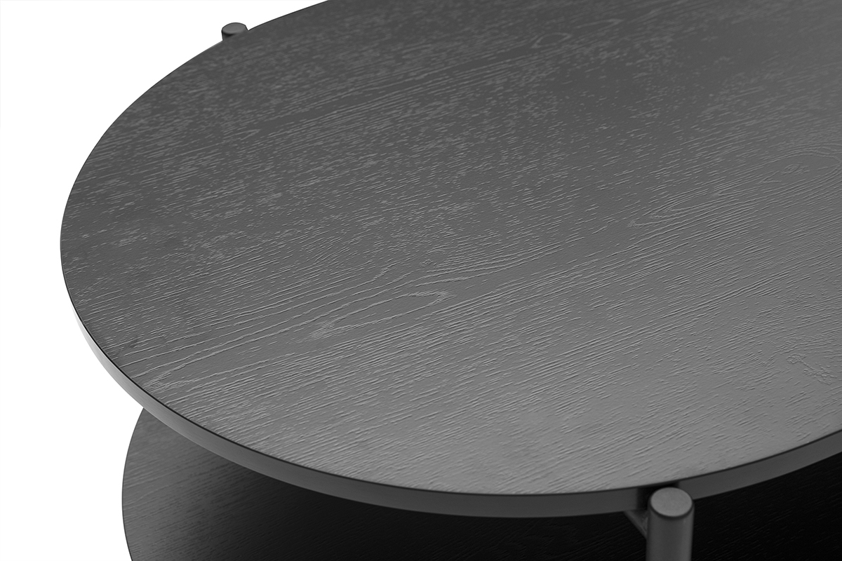 Ovaler schwarzer Holztisch mit oberer und unterer Ablageflche, Zoomblick.