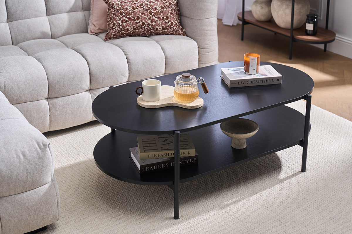 Ovaler Couchtisch in schwarzer Holzoptik und Metall L115 cm BRUNA