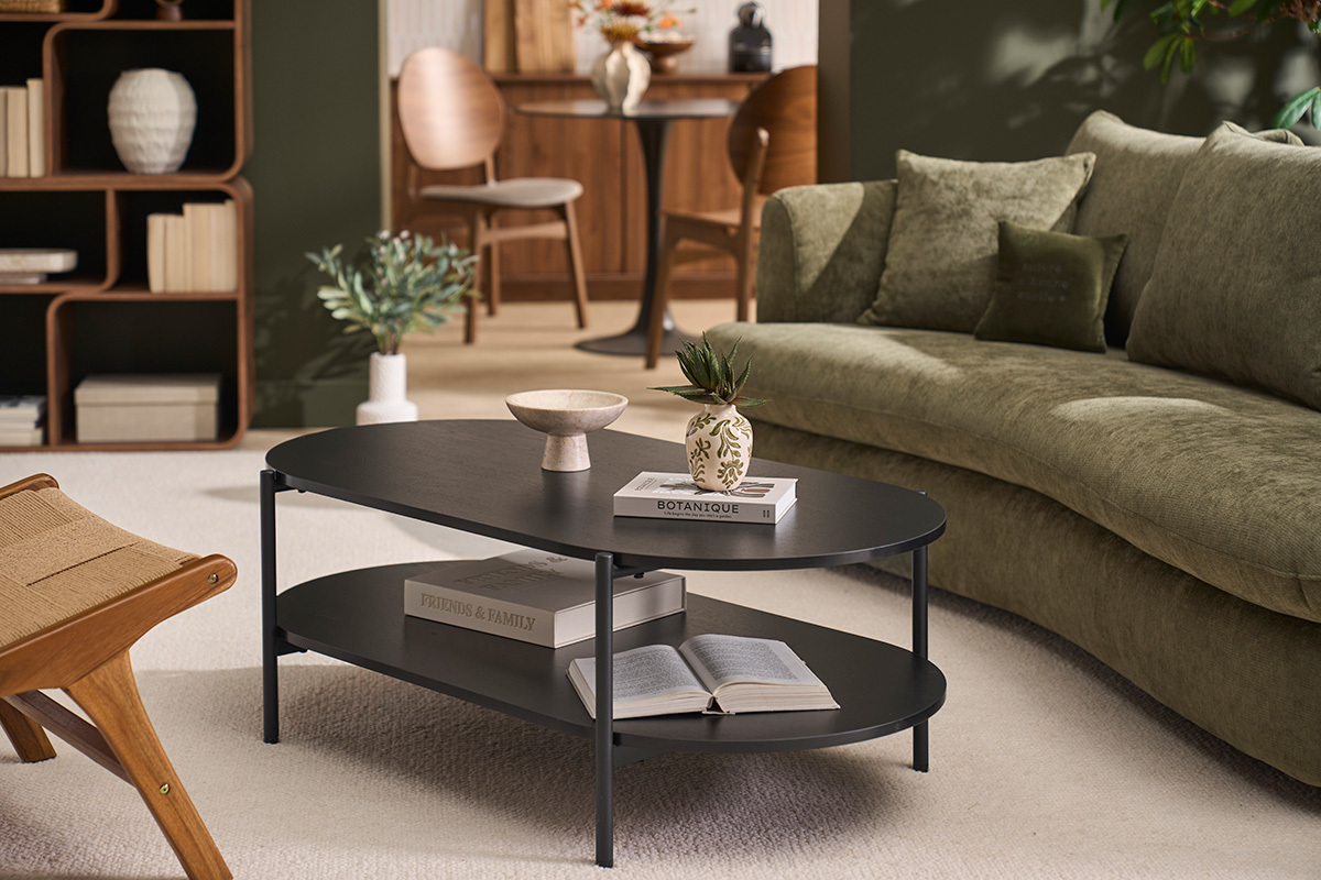 Ovaler Couchtisch in schwarzer Holzoptik und Metall L115 cm BRUNA