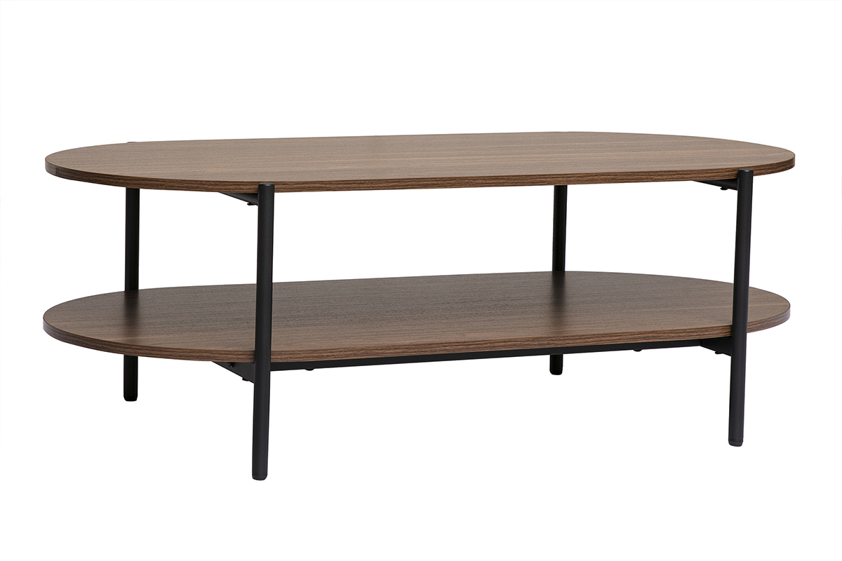 Ovaler Couchtisch aus dunklem Holz und schwarzem Metall mit zwei Ebenen, Ansicht von 3/4.