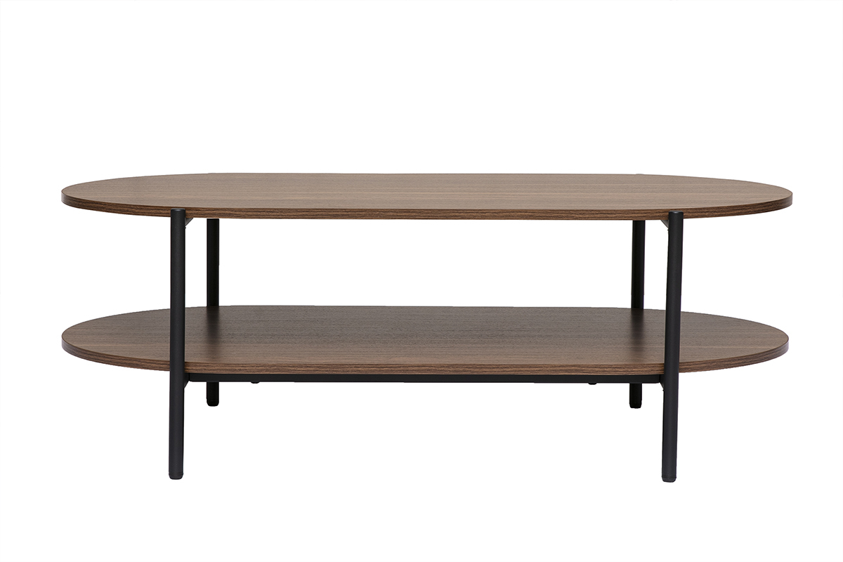 Ovaler Couchtisch aus dunklem Walnussholz mit schwarzer Metallstruktur, Frontansicht.