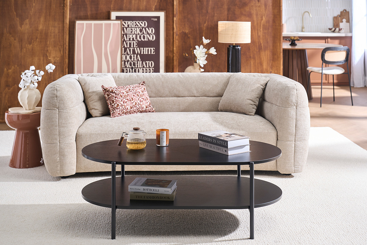 Ovaler Couchtisch mit dunkler Nussbaumholz-Finish und Metall L115 cm BRUNA