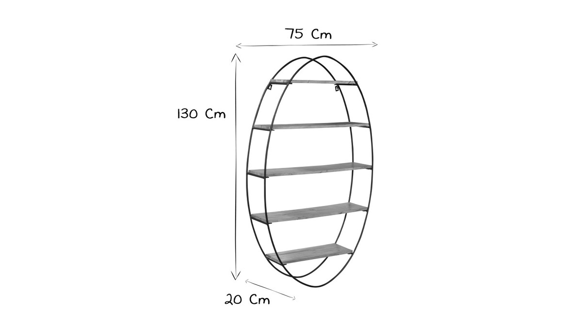 Ovales Wandregal aus massivem Akazienholz und Metall H130 cm HANG