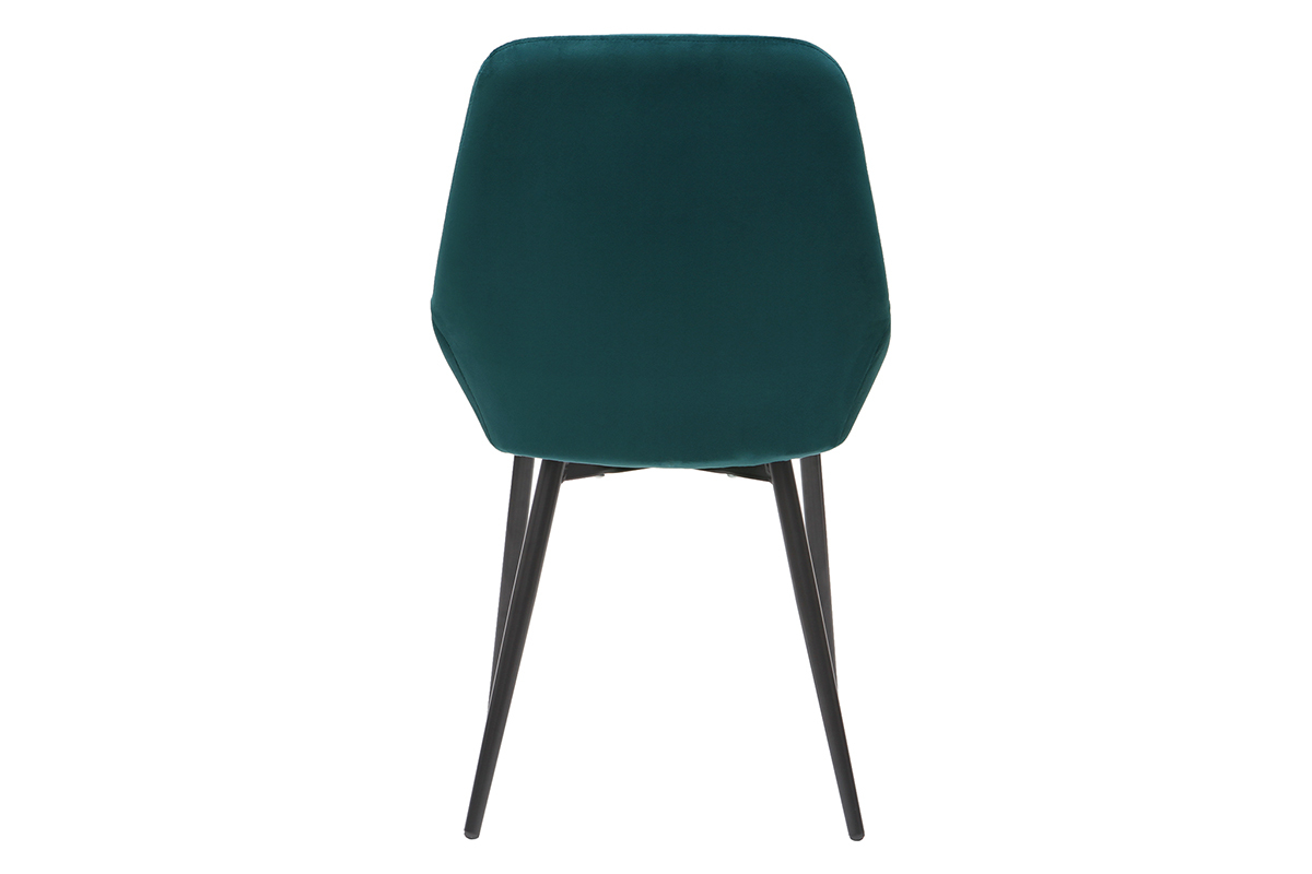 Stuhl aus petrolblauem Samt mit schwarzen Metallbeinen, Rckansicht.