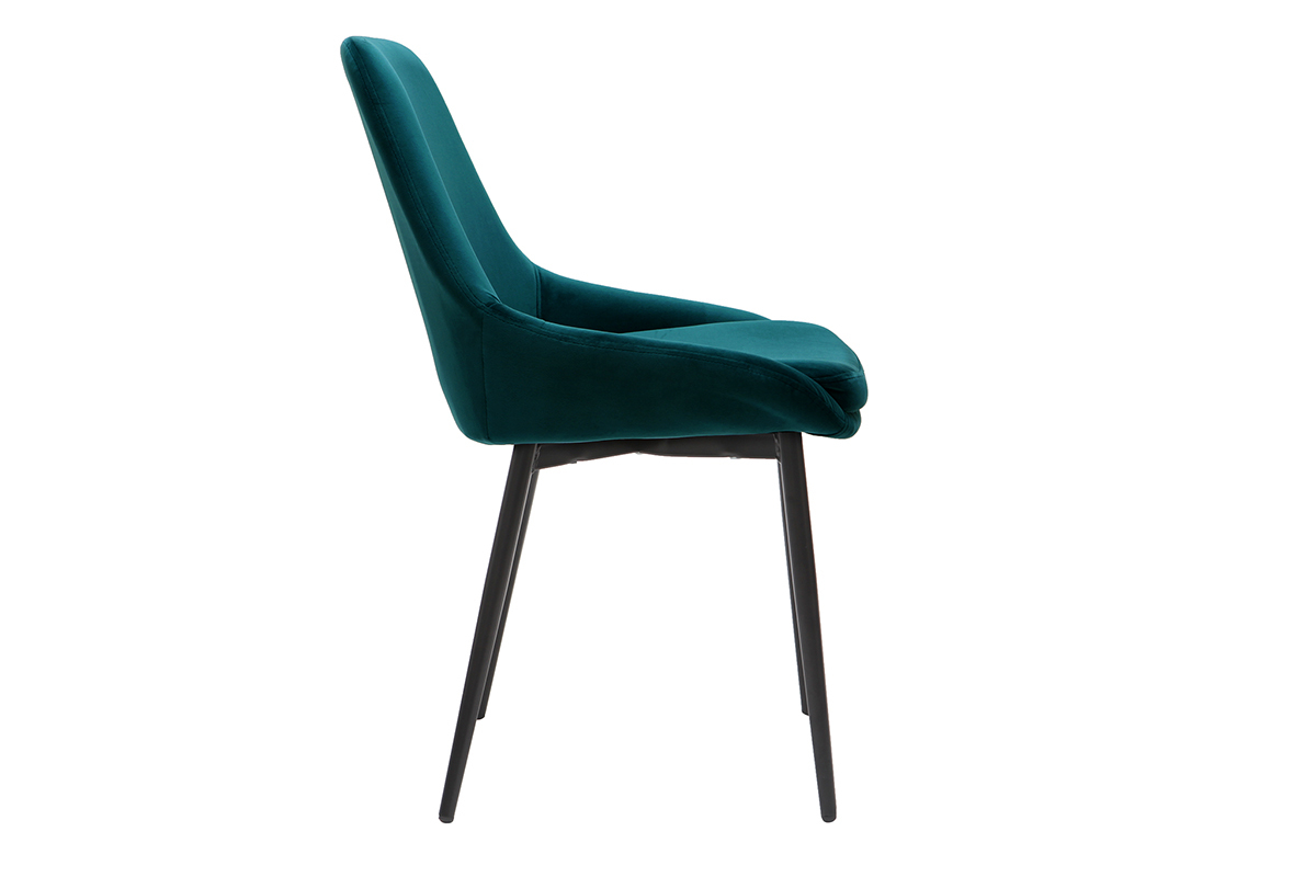 Petrolblauer Samtstuhl, Seitenansicht, mit schwarzen Metallbeinen.