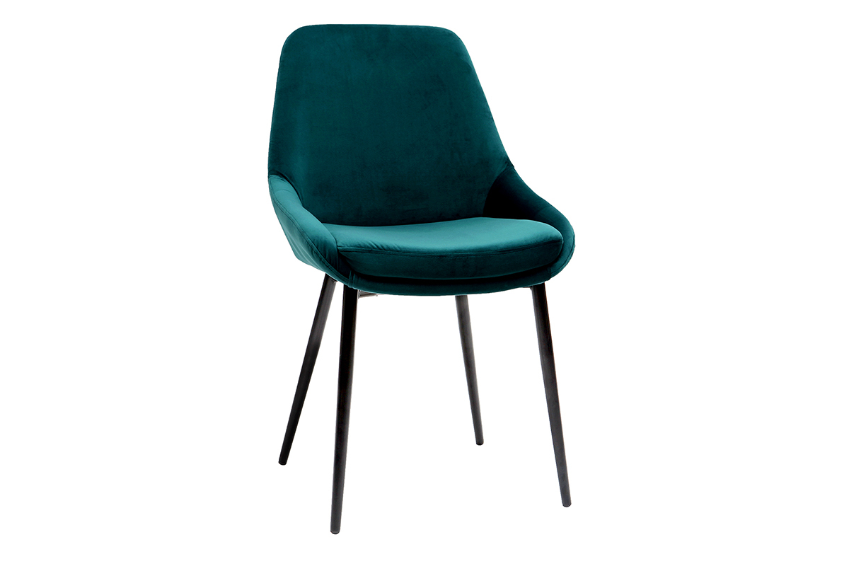 Designerstuhl aus petrolblauem Samt mit schwarzen Metallbeinen, Ansicht von 3/4.