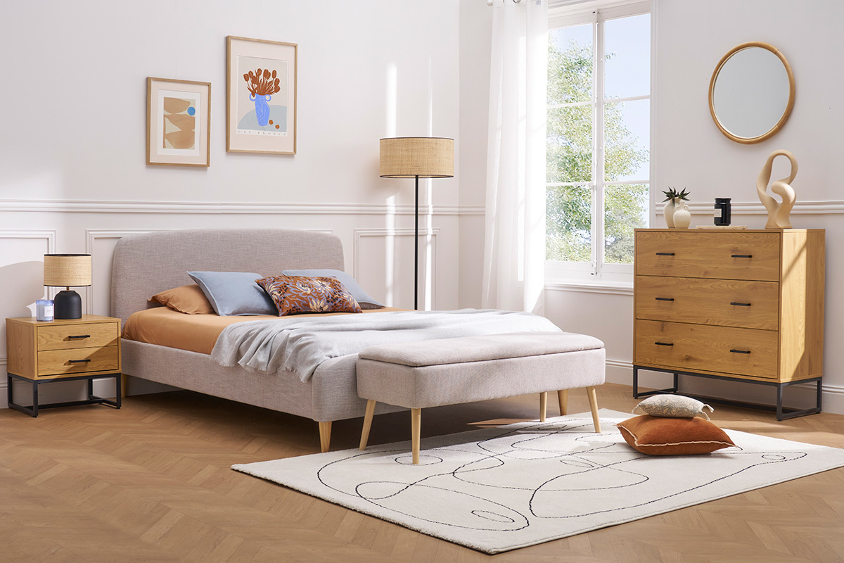 Polsterbank aus beigem Textur-Veloursstoff und massivem hellen Holz L120 cm LARS
