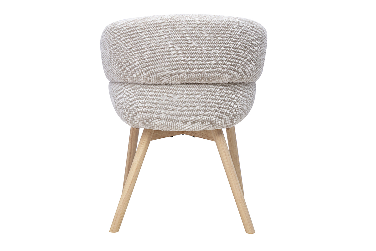 Beige gepolsterter Samt-Chenille-Stuhl aus Stoff von hinten mit hellen Holzf��en.