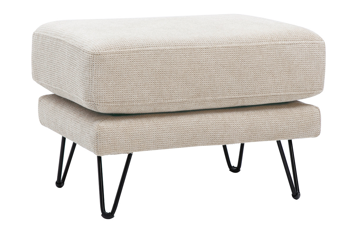 Fu�hocker aus beigem Chenille-Stoff und Metall, 3/4-Ansicht, mit Haarnadelbeinen.