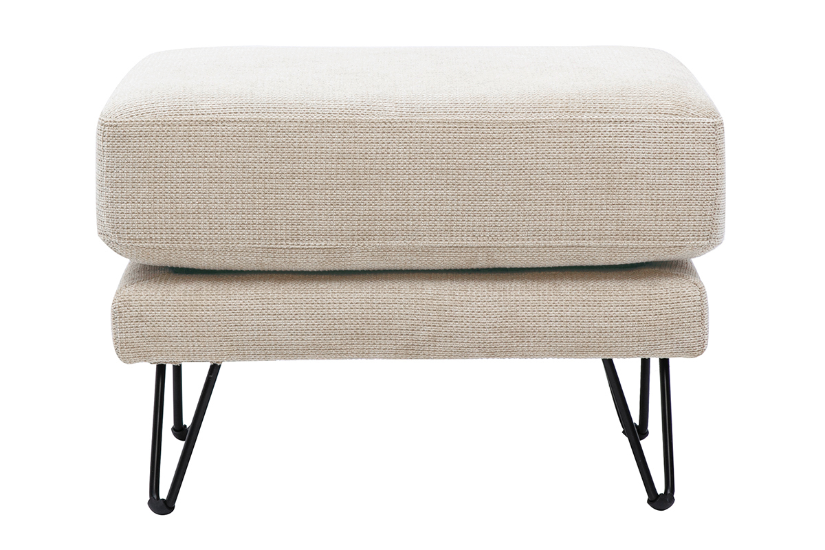 OSLO-Pouf aus beigefarbenem Chenille-Stoff mit schwarzen Metallf��en, Vorderansicht.