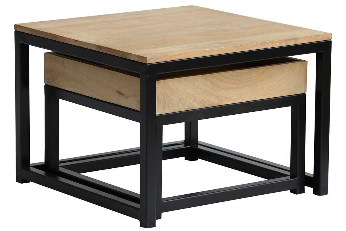 Quadratische Verschachtelungs-Couchtische aus Mangoholz und Metall (2er-Set) FACTORY