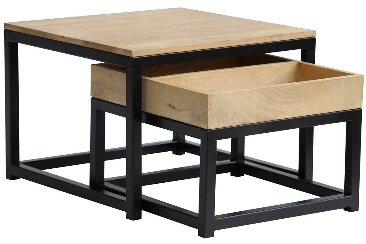 Quadratische Verschachtelungs-Couchtische aus Mangoholz und Metall (2er-Set) FACTORY