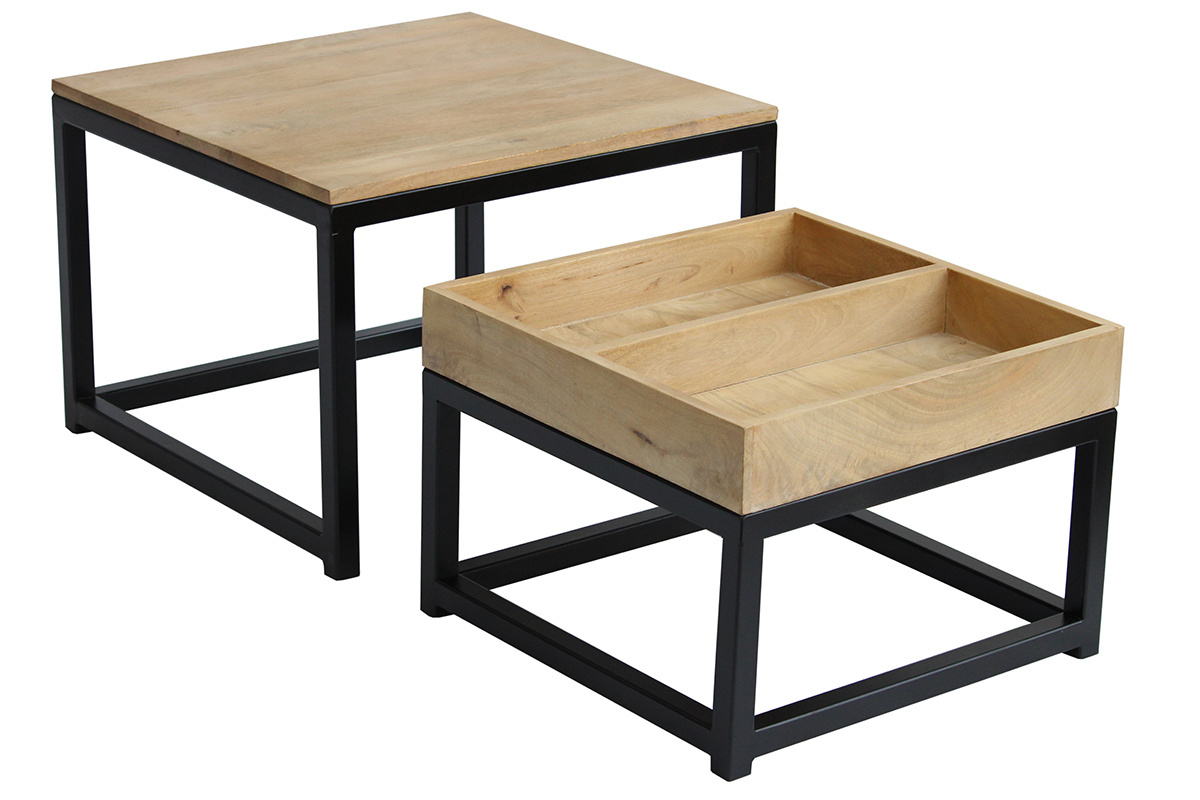 Quadratische Verschachtelungs-Couchtische aus Mangoholz und Metall (2er-Set) FACTORY