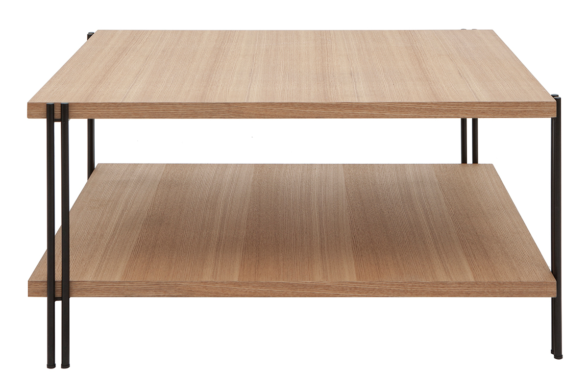 Quadratischer Couchtisch mit doppelter Tischplatte aus hellem Holz und schwarzem Metall HARLAN