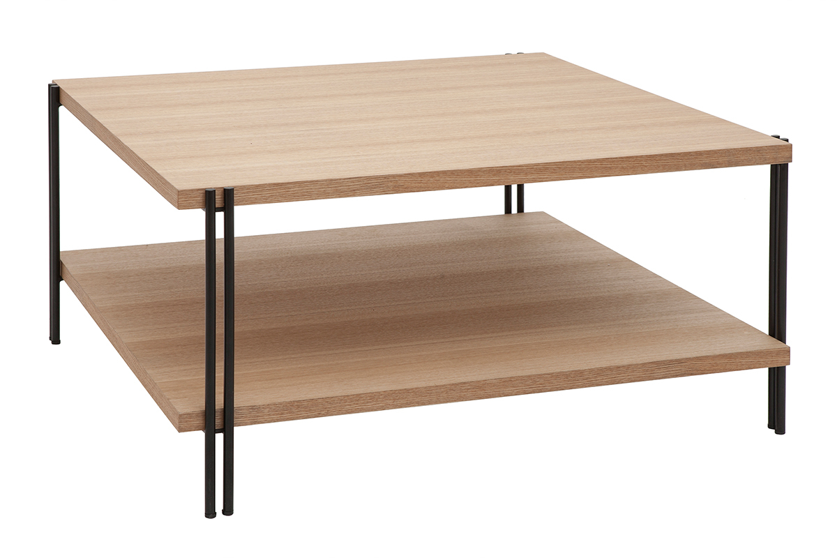Quadratischer Couchtisch mit doppelter Tischplatte aus hellem Holz und schwarzem Metall HARLAN