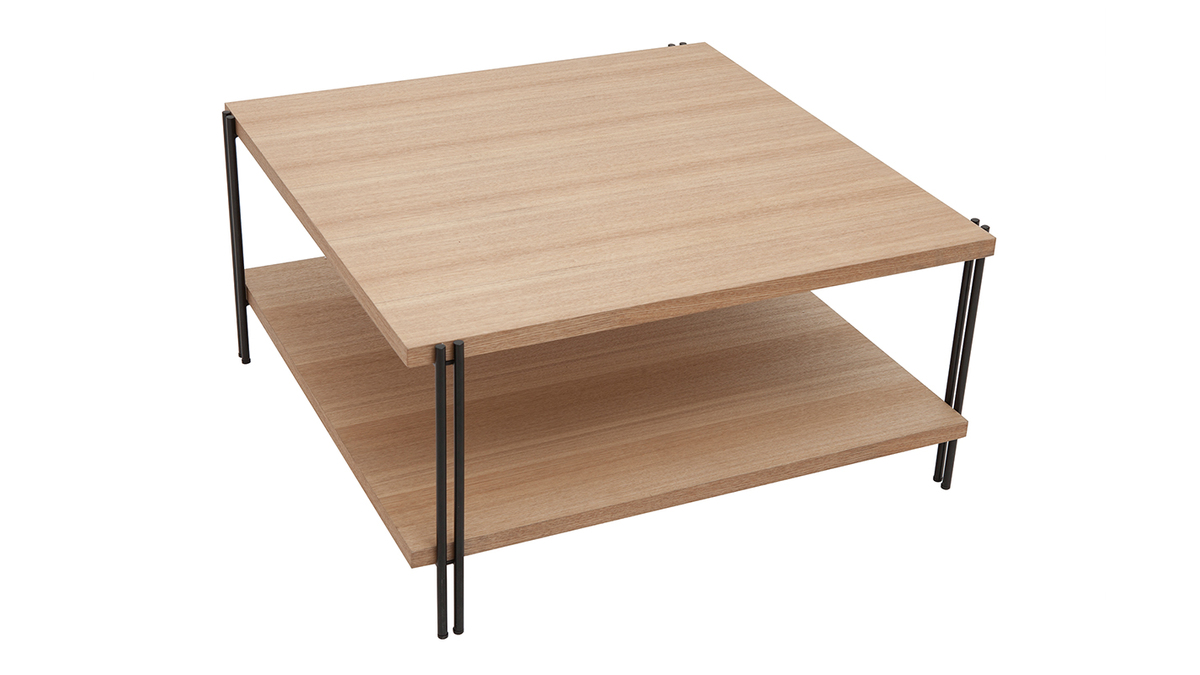 Quadratischer Couchtisch mit doppelter Tischplatte aus hellem Holz und schwarzem Metall HARLAN