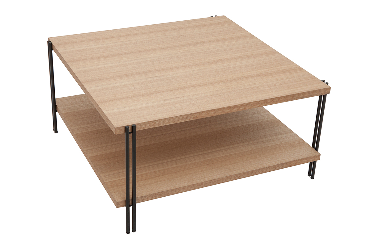 Quadratischer Couchtisch mit doppelter Tischplatte aus hellem Holz und schwarzem Metall HARLAN