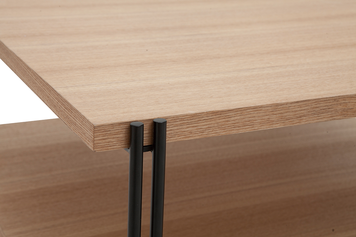 Quadratischer Couchtisch mit doppelter Tischplatte aus hellem Holz und schwarzem Metall HARLAN
