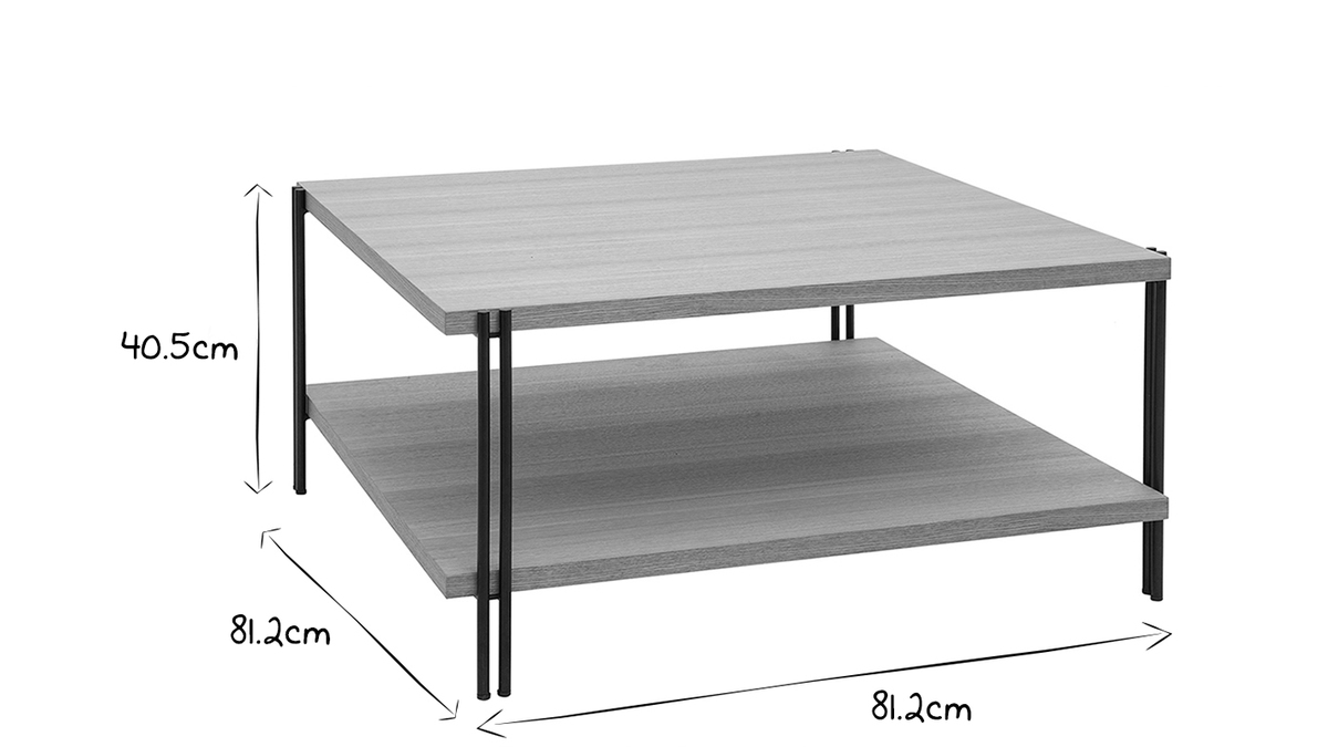 Quadratischer Couchtisch mit doppelter Tischplatte aus hellem Holz und schwarzem Metall HARLAN