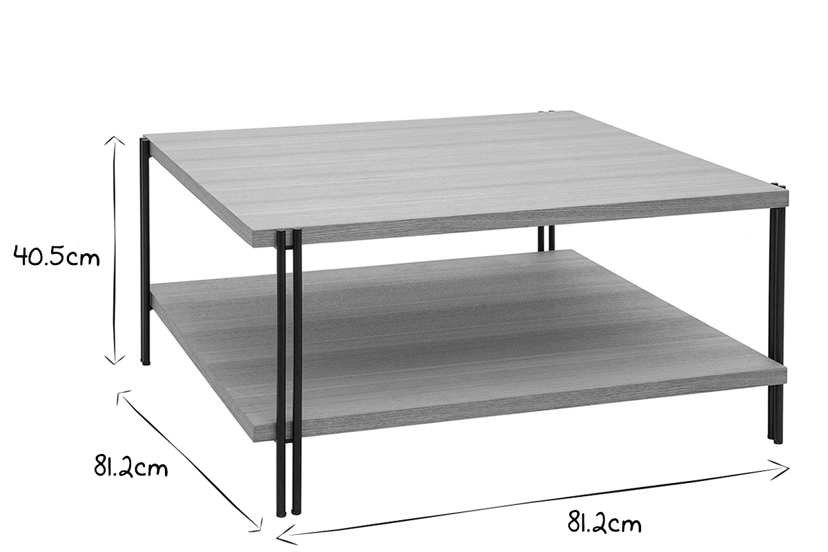 Quadratischer Couchtisch mit doppelter Tischplatte aus hellem Holz und schwarzem Metall HARLAN