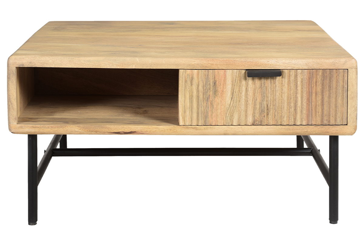 Quadratischer Couchtisch mit Stauraum 2 Schubladen aus hellem, massiven Mangoholz massiv B80 cm MORISSON