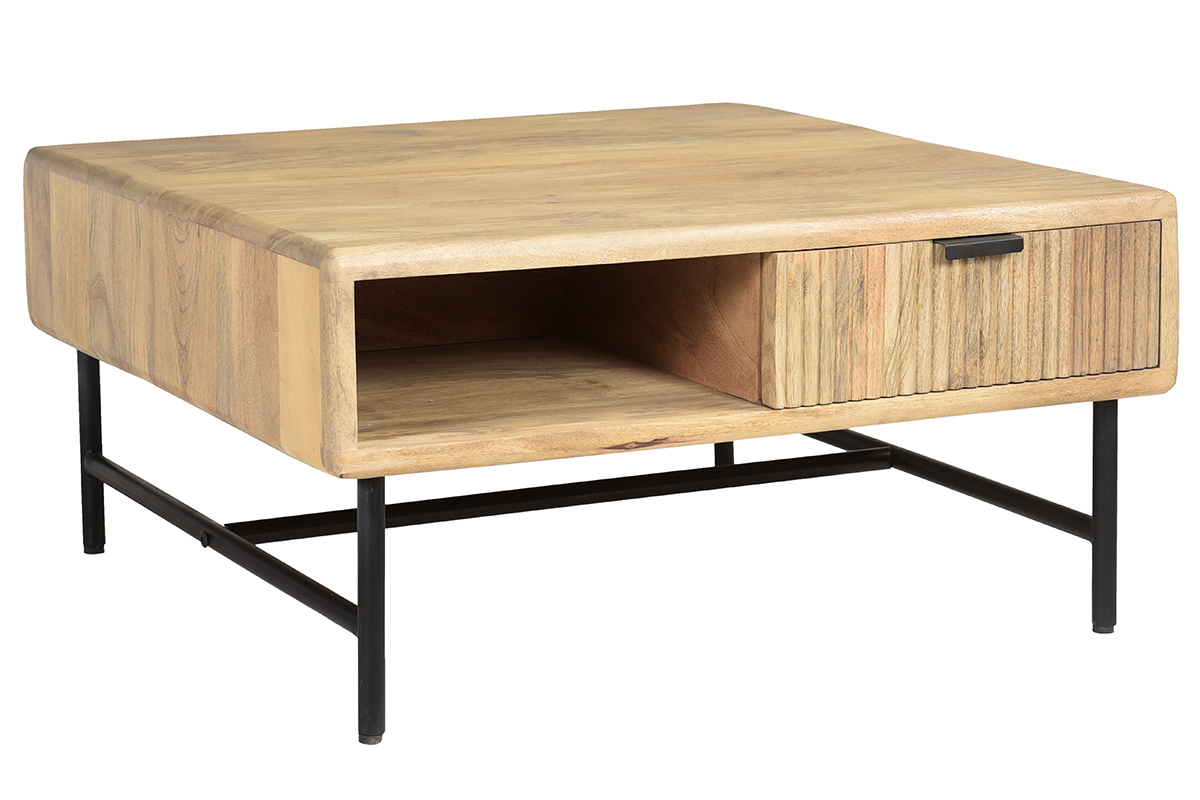 Quadratischer Couchtisch mit Stauraum 2 Schubladen aus hellem, massiven Mangoholz massiv B80 cm MORISSON