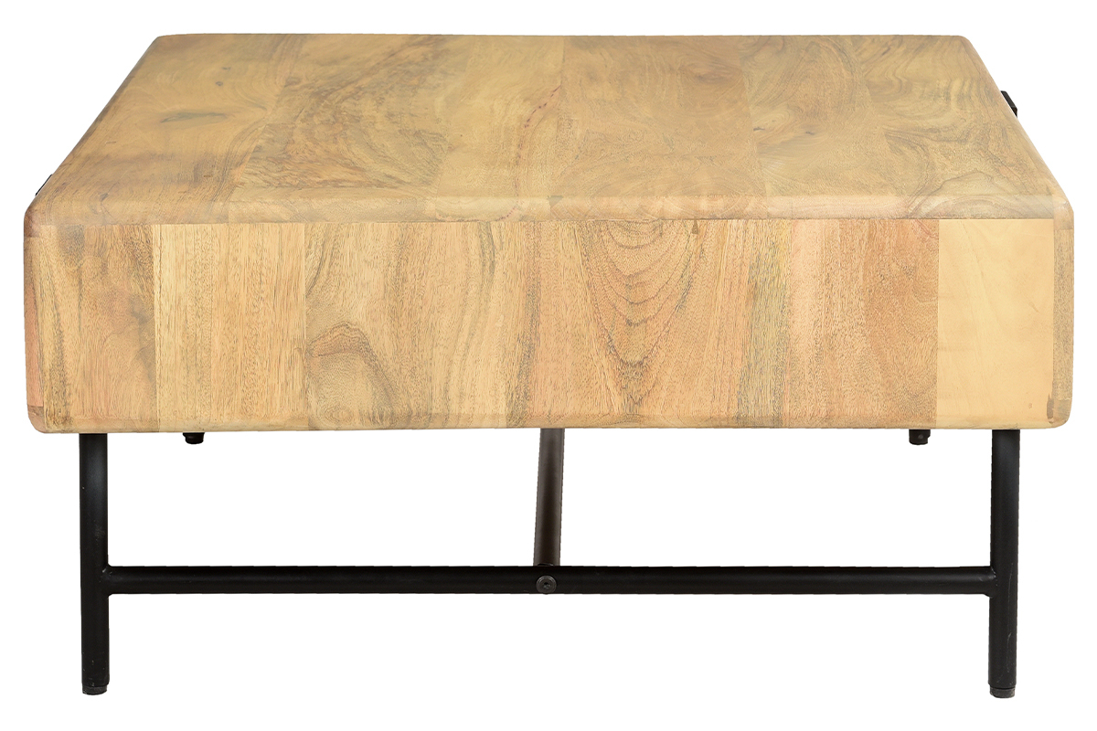 Quadratischer Couchtisch mit Stauraum 2 Schubladen aus hellem, massiven Mangoholz massiv B80 cm MORISSON