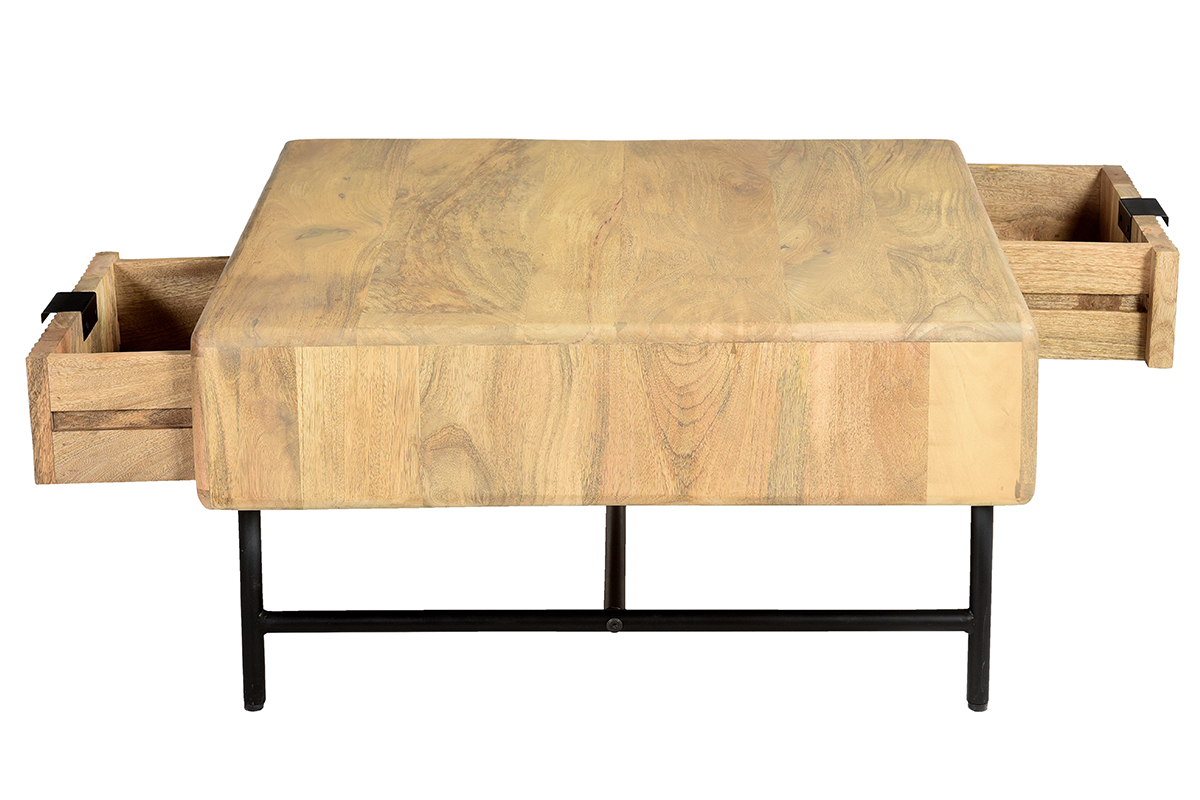 Quadratischer Couchtisch mit Stauraum 2 Schubladen aus hellem, massiven Mangoholz massiv B80 cm MORISSON