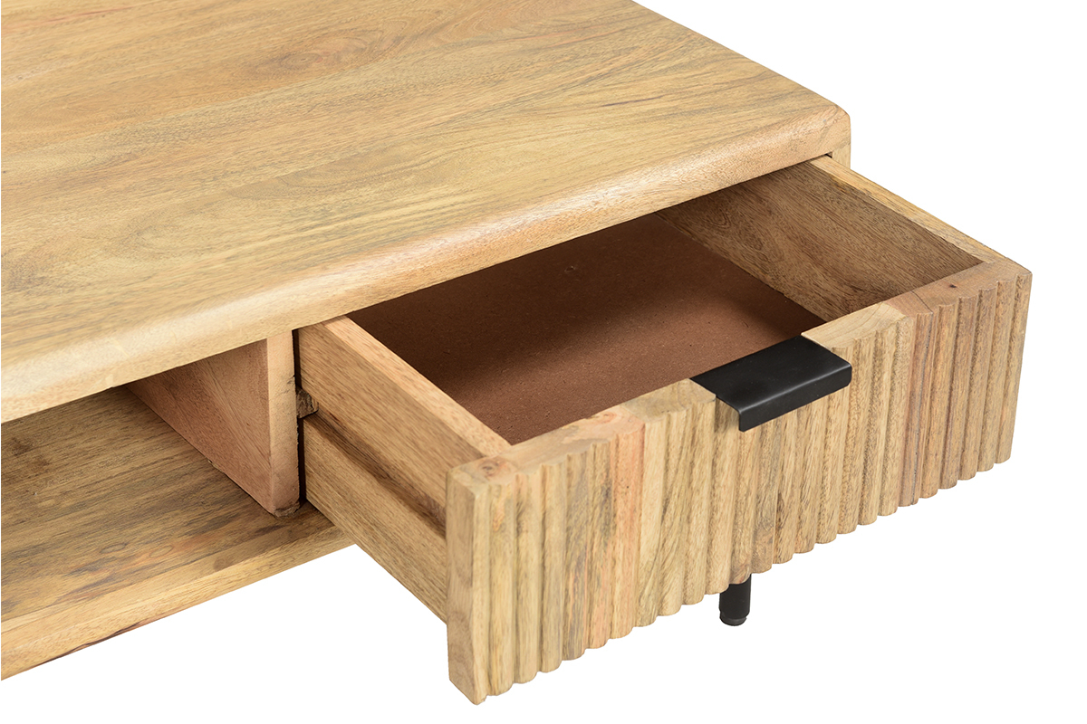 Quadratischer Couchtisch mit Stauraum 2 Schubladen aus hellem, massiven Mangoholz massiv B80 cm MORISSON
