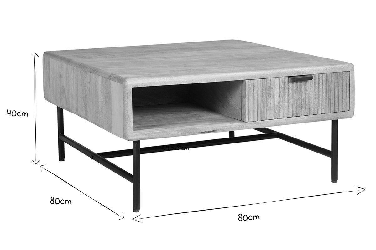Quadratischer Couchtisch mit Stauraum 2 Schubladen aus hellem, massiven Mangoholz massiv B80 cm MORISSON