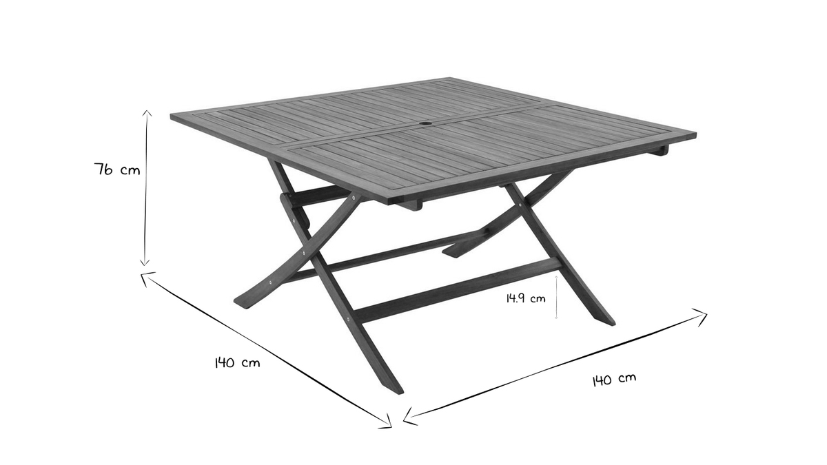 Quadratischer klappbarer Gartentisch aus Massivholz B140 cm SANTIAGO