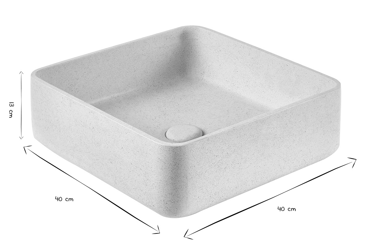 Quadratisches Waschbecken aus beigem Naturstein, Ma�e L40 x T40 x H13 cm, in Schwarz und Wei�.